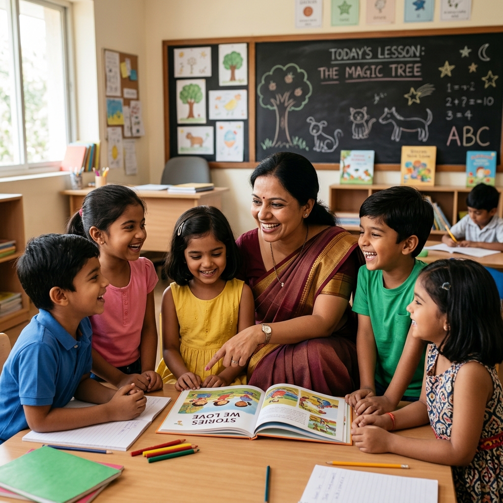 Teacher with students — nurturing learning and values in the classroom